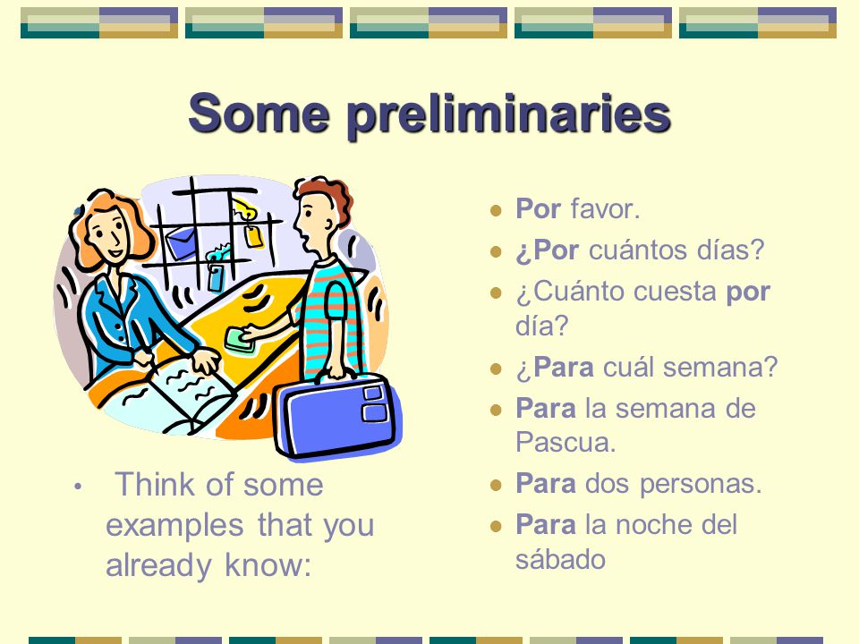 Por y para You’ve probably noticed that there are two ways to express for in Spanish: Por Para In this slide show, we’ll look at how these two prepositions are used.