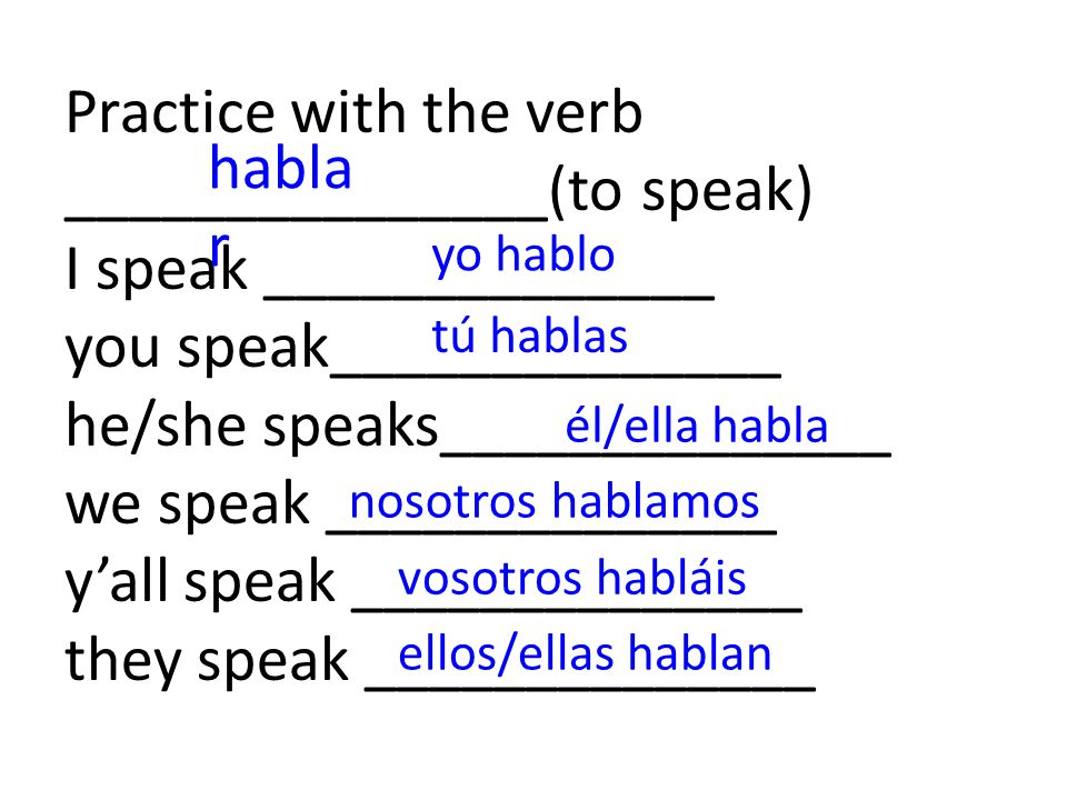 Practice with the verb _______________(to speak) I speak ______________ you speak______________ he/she speaks______________ we speak ______________ y’all speak ______________ they speak ______________ nosotros hablamos vosotros habláis él/ella habla ellos/ellas hablan tú hablas yo hablo habla r
