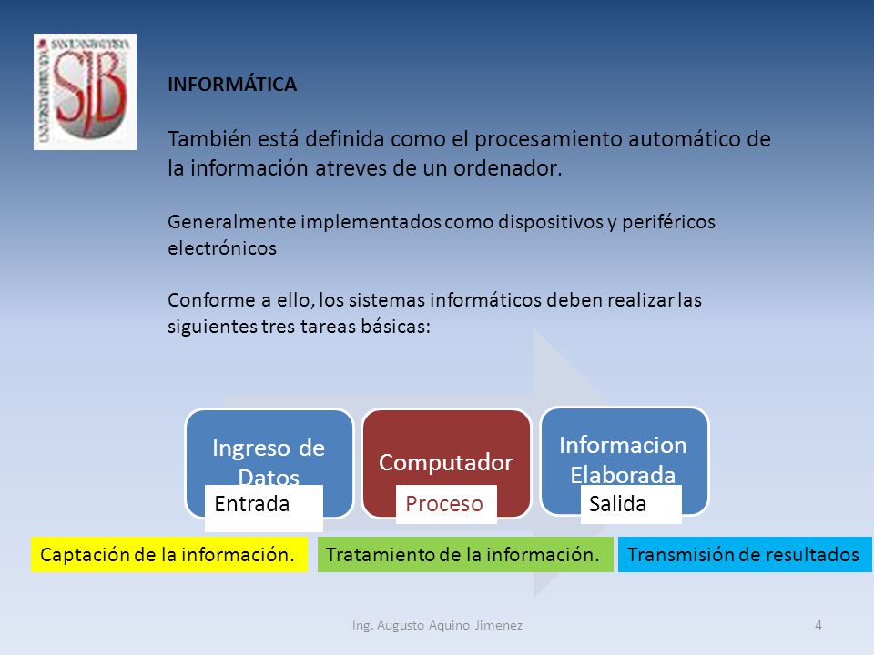 4 INFORMÁTICA También está definida como el procesamiento automático de la información atreves de un ordenador.