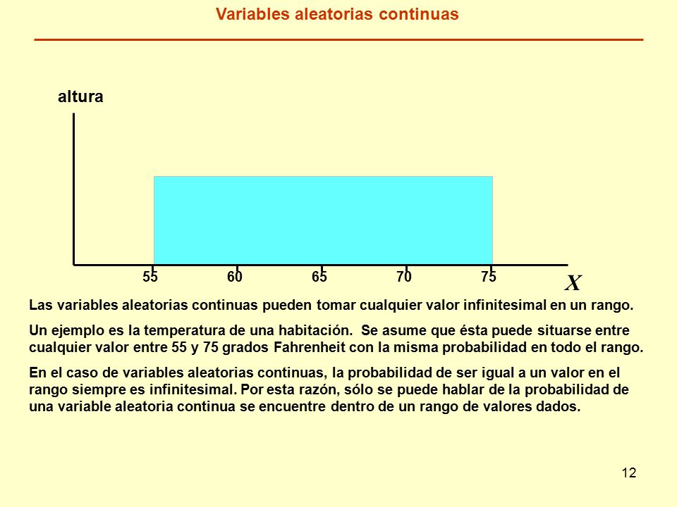 12 X Variables aleatorias continuas altura Las variables aleatorias continuas pueden tomar cualquier valor infinitesimal en un rango.