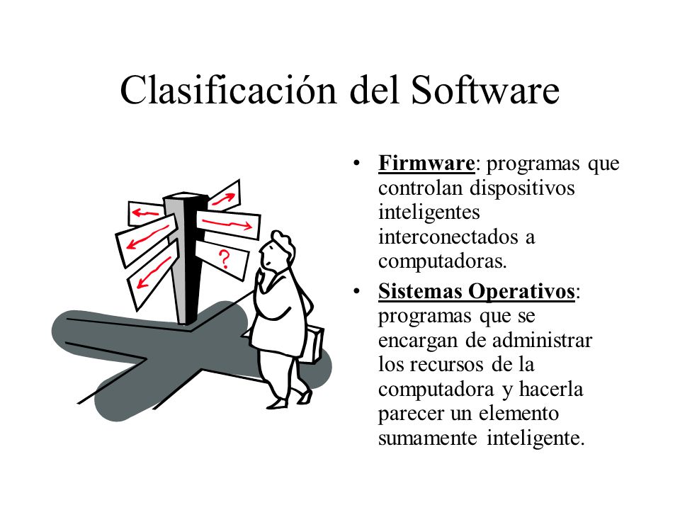 Clasificación del Software Firmware: programas que controlan dispositivos inteligentes interconectados a computadoras.
