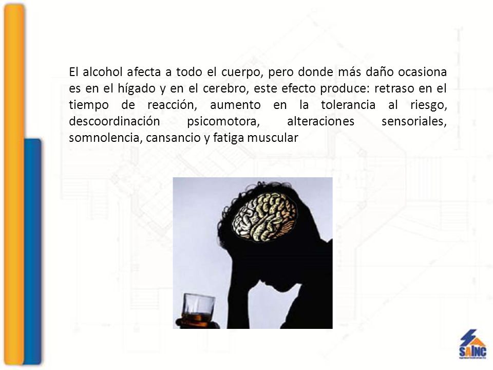 El alcohol afecta a todo el cuerpo, pero donde más daño ocasiona es en el hígado y en el cerebro, este efecto produce: retraso en el tiempo de reacción, aumento en la tolerancia al riesgo, descoordinación psicomotora, alteraciones sensoriales, somnolencia, cansancio y fatiga muscular