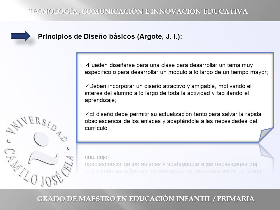GRADO DE MAESTRO EN EDUCACIÓN INFANTIL / PRIMARIA TECNOLOGÍA, COMUNICACIÓN E INNOVACIÓN EDUCATIVA Principios de Diseño básicos (Argote, J.