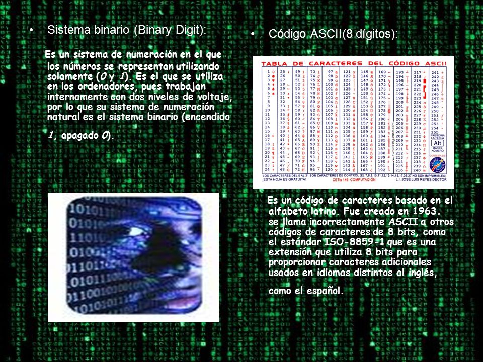 Sistema binario (Binary Digit): Es un sistema de numeración en el que los números se representan utilizando solamente (0 y 1).