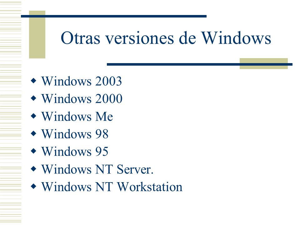 Otras versiones de Windows  Windows 2003  Windows 2000  Windows Me  Windows 98  Windows 95  Windows NT Server.