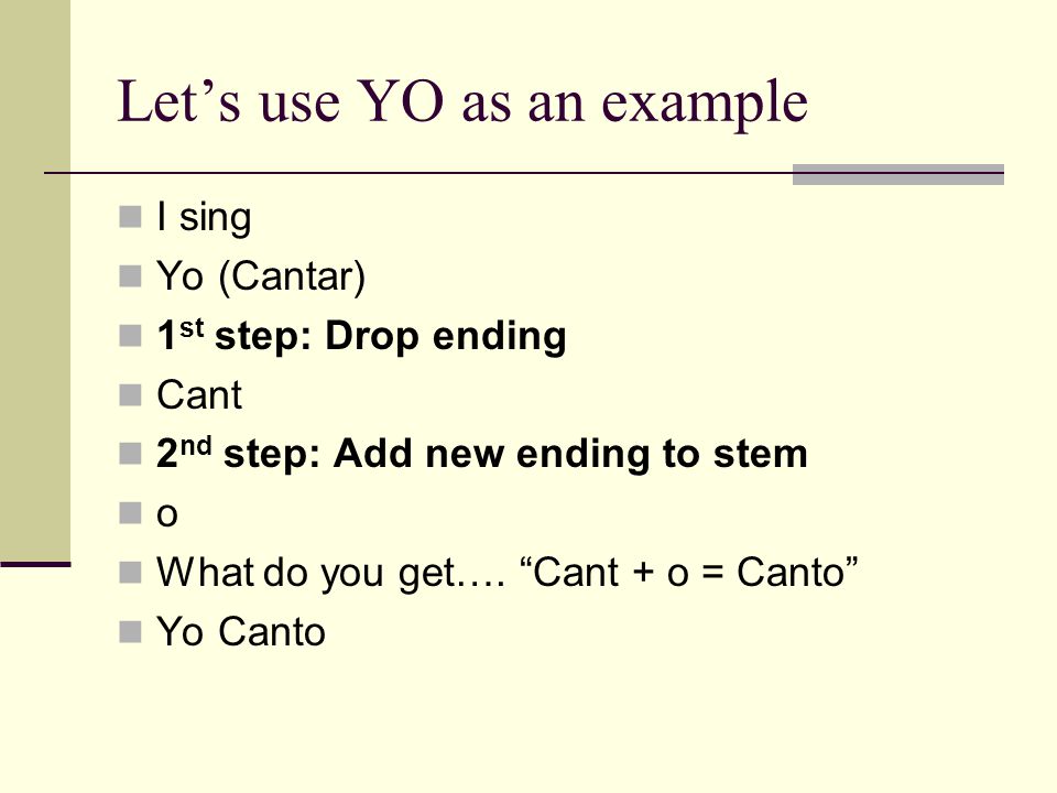 Let’s use YO as an example I sing Yo (Cantar) 1 st step: Drop ending Cant 2 nd step: Add new ending to stem o What do you get….