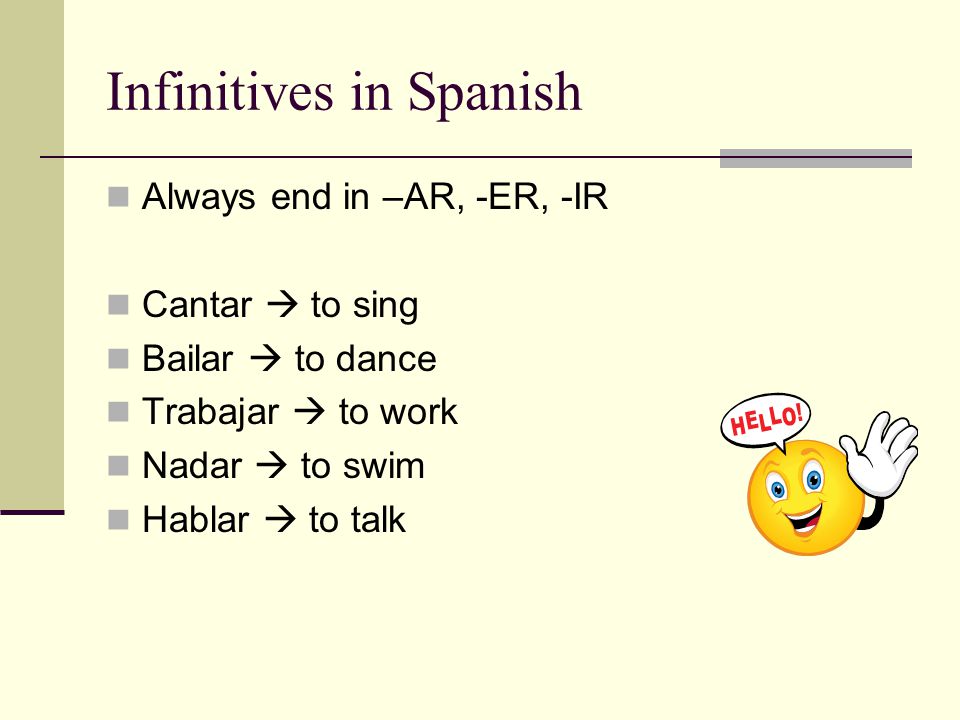 Infinitives in Spanish Always end in –AR, -ER, -IR Cantar  to sing Bailar  to dance Trabajar  to work Nadar  to swim Hablar  to talk