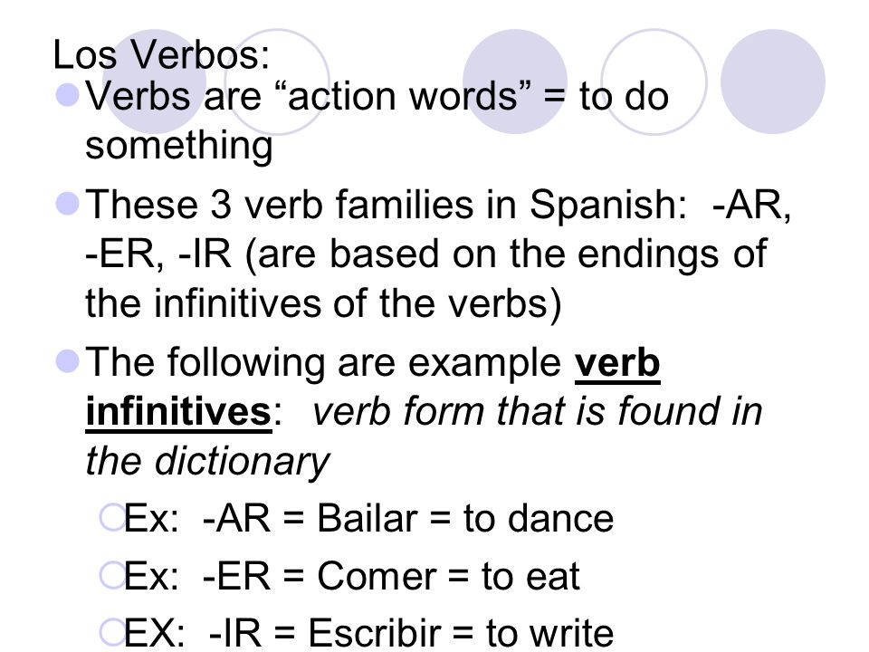 Los Verbos: Verbs are action words = to do something These 3 verb families in Spanish: -AR, -ER, -IR (are based on the endings of the infinitives of the verbs) The following are example verb infinitives: verb form that is found in the dictionary  Ex: -AR = Bailar = to dance  Ex: -ER = Comer = to eat  EX: -IR = Escribir = to write