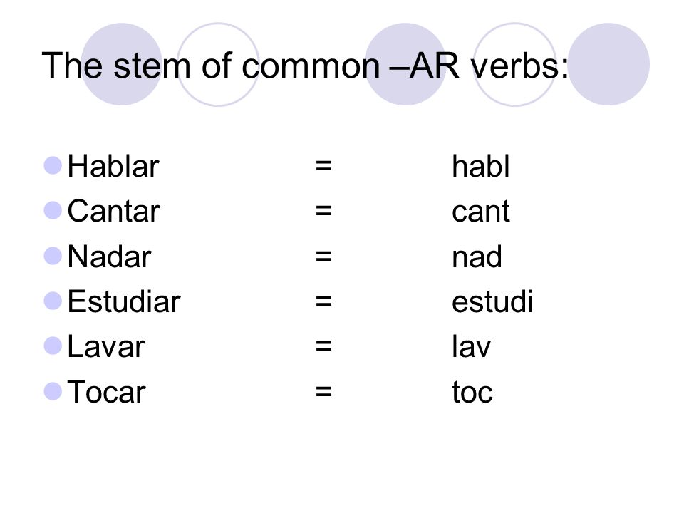 The stem of common –AR verbs: Hablar=habl Cantar=cant Nadar =nad Estudiar=estudi Lavar=lav Tocar=toc