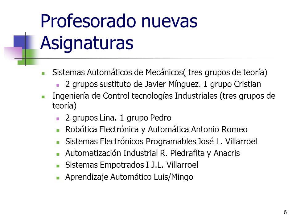 Profesorado nuevas Asignaturas Sistemas Automáticos de Mecánicos( tres grupos de teoría) 2 grupos sustituto de Javier Mínguez.