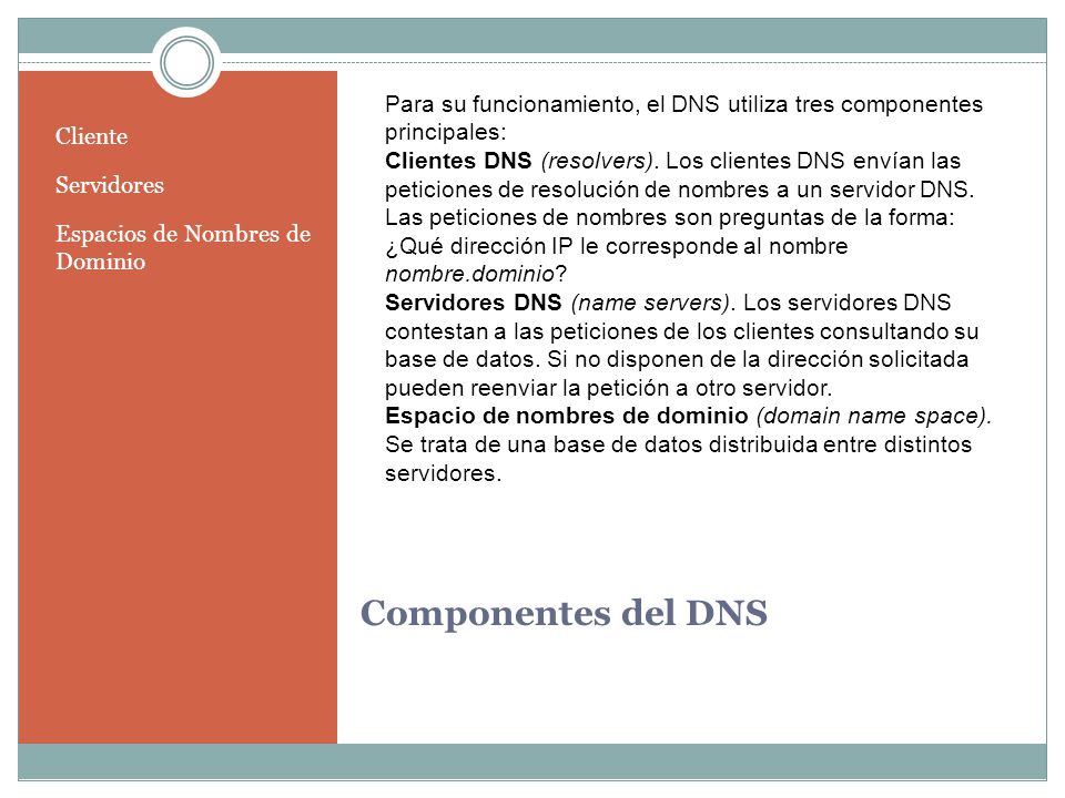 Componentes del DNS Cliente Servidores Espacios de Nombres de Dominio Para su funcionamiento, el DNS utiliza tres componentes principales: Clientes DNS (resolvers).