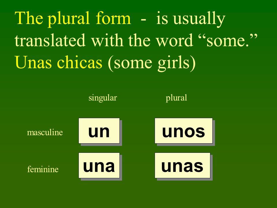 singularplural masculine feminine un una unos unas The plural form - is usually translated with the word some. Unas chicas (some girls)