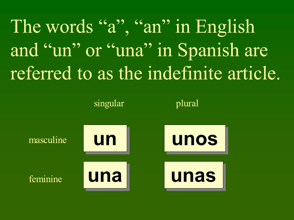 The words a , an in English and un or una in Spanish are referred to as the indefinite article.