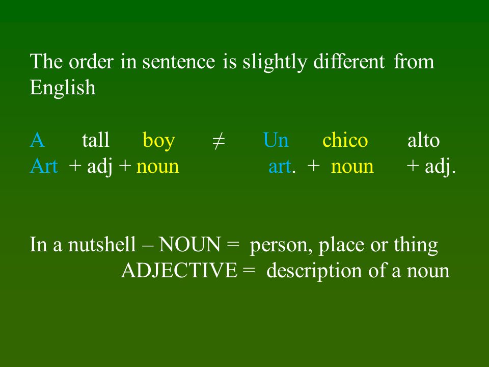 The order in sentence is slightly different from English A tall boy ≠ Un chico alto Art + adj + noun art.