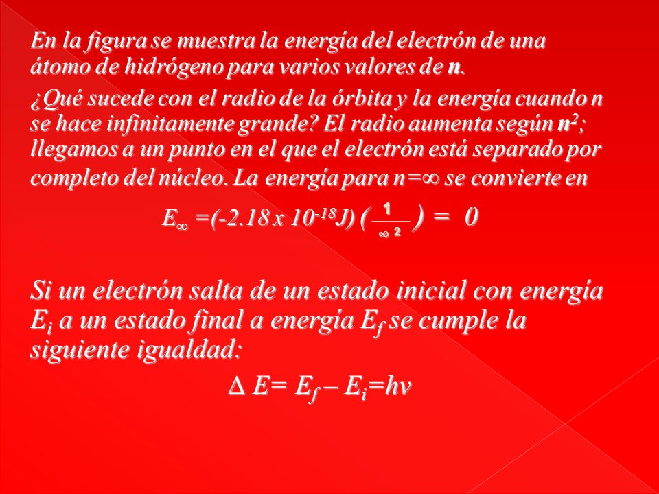 En la figura se muestra la energía del electrón de una átomo de hidrógeno para varios valores de n.