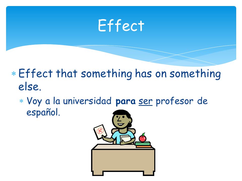 Effect that something has on something else.  Voy a la universidad para ser profesor de español.