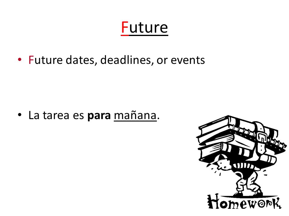 Future Future dates, deadlines, or events La tarea es para mañana.