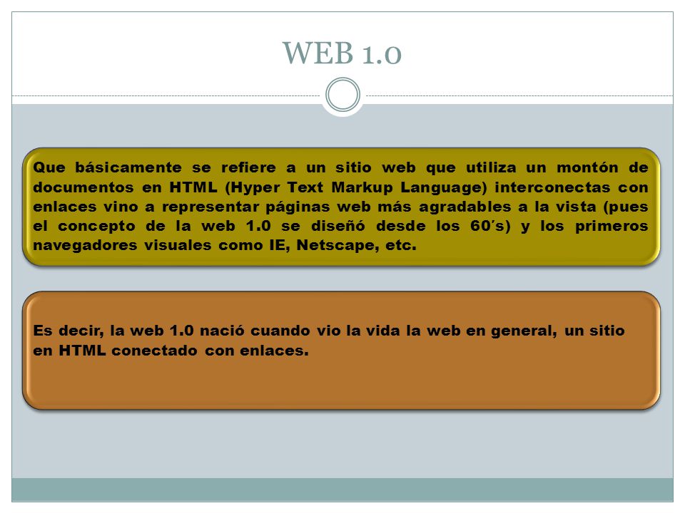 WEB 1.0 Que básicamente se refiere a un sitio web que utiliza un montón de documentos en HTML (Hyper Text Markup Language) interconectas con enlaces vino a representar páginas web más agradables a la vista (pues el concepto de la web 1.0 se diseñó desde los 60′s) y los primeros navegadores visuales como IE, Netscape, etc.