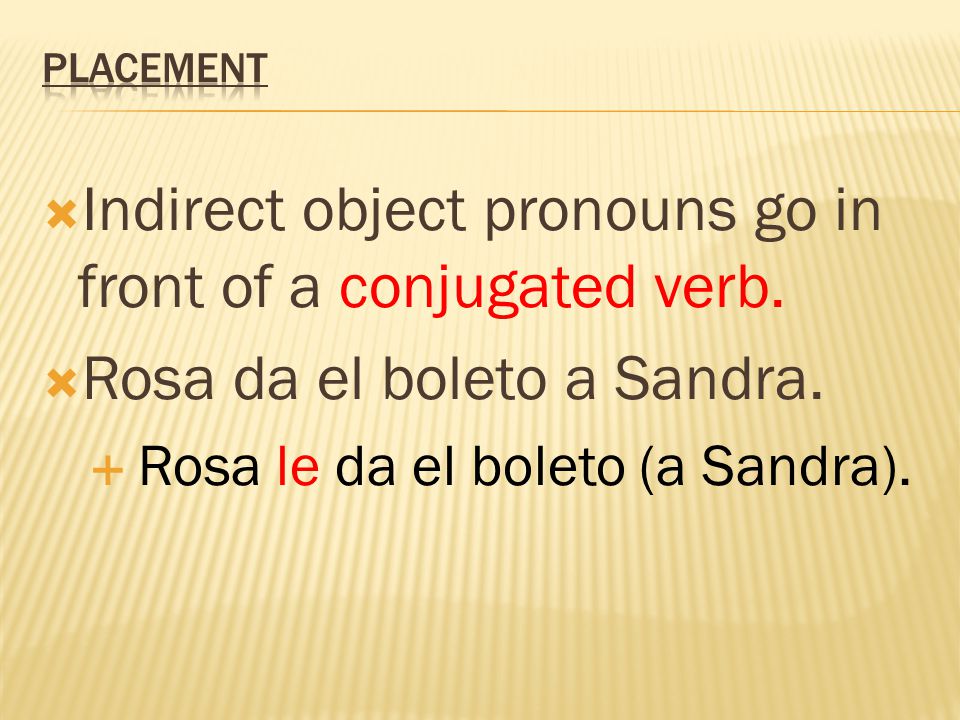  Indirect object pronouns go in front of a conjugated verb.