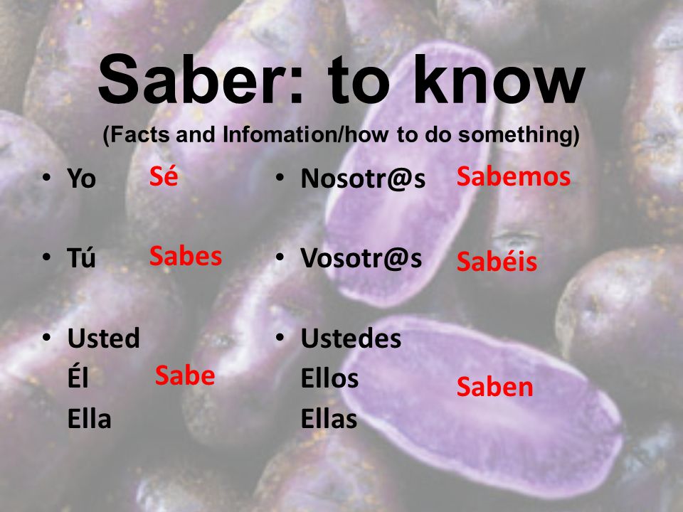 Saber: to know (Facts and Infomation/how to do something) Yo Tú Usted Él Ella  Ustedes Ellos Ellas Sé Sabes Sabe Sabemos Sabéis Saben