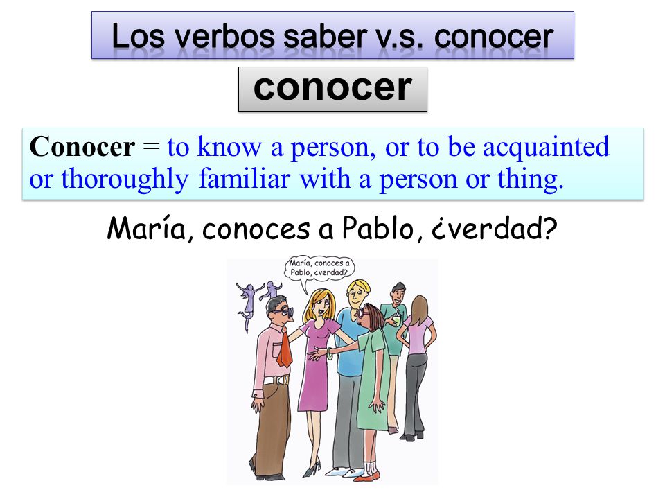 conocer Conocer = to know a person, or to be acquainted or thoroughly familiar with a person or thing.