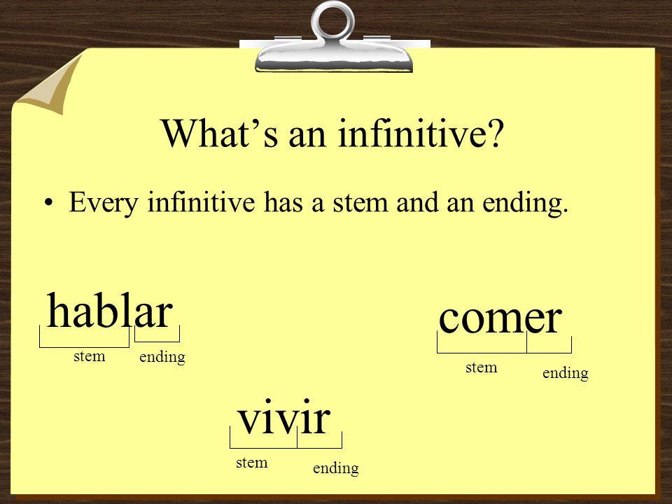 What’s an infinitive. Every infinitive has a stem and an ending.