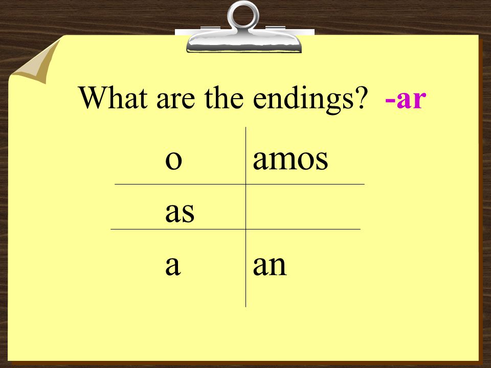 What are the endings -ar o as a amos an