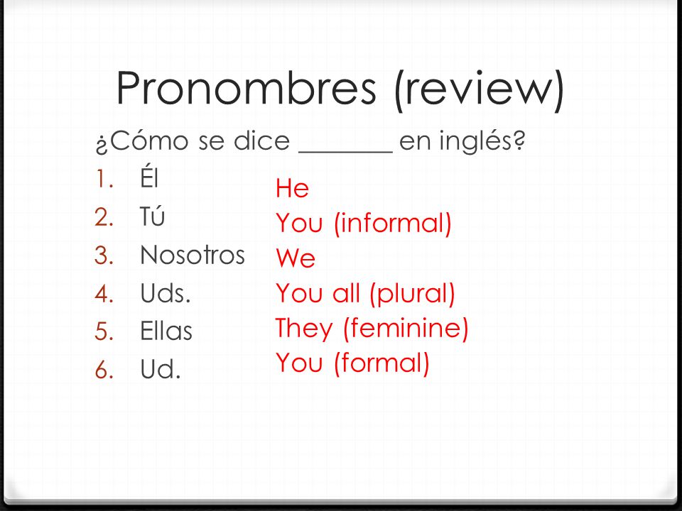 Pronombres (review) ¿Cómo se dice _______ en inglés.
