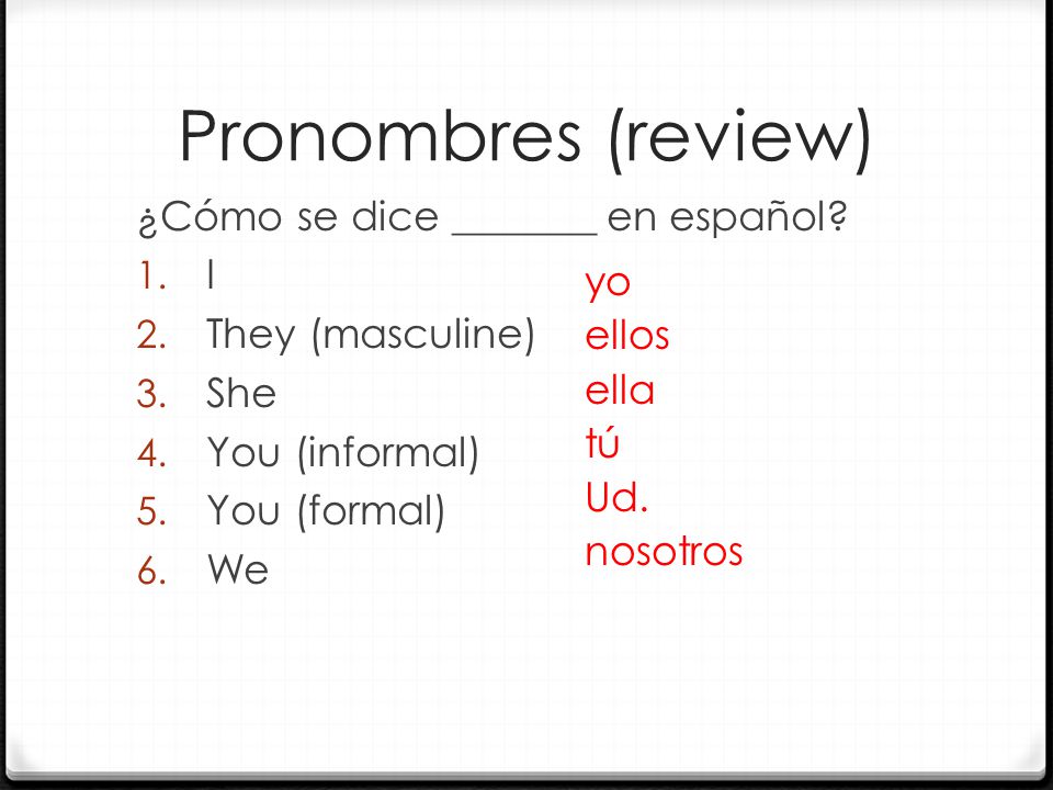 Pronombres (review) ¿Cómo se dice _______ en español.