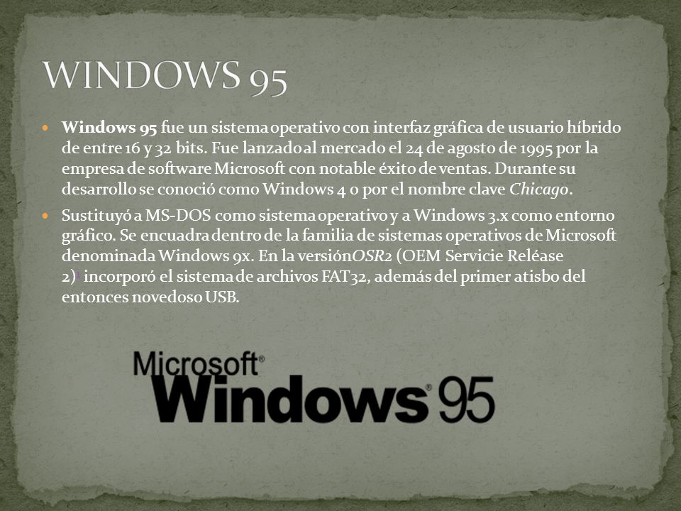 Windows 95 fue un sistema operativo con interfaz gráfica de usuario híbrido de entre 16 y 32 bits.