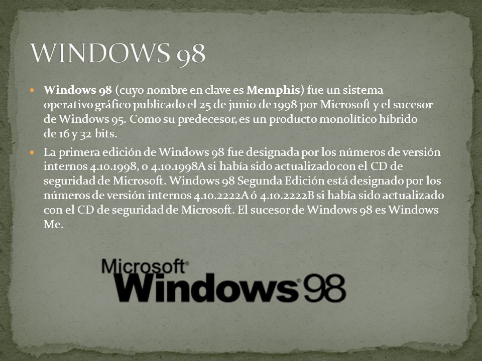 Windows 98 (cuyo nombre en clave es Memphis) fue un sistema operativo gráfico publicado el 25 de junio de 1998 por Microsoft y el sucesor de Windows 95.
