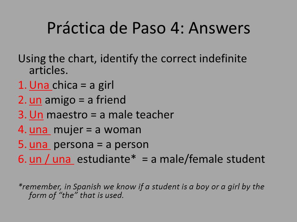 Práctica de Paso 4: Answers Using the chart, identify the correct indefinite articles.