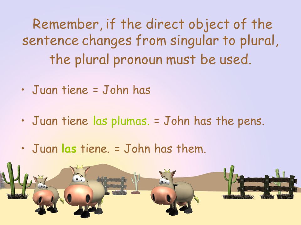 Remember, if the direct object of the sentence changes from singular to plural, the plural pronoun must be used.