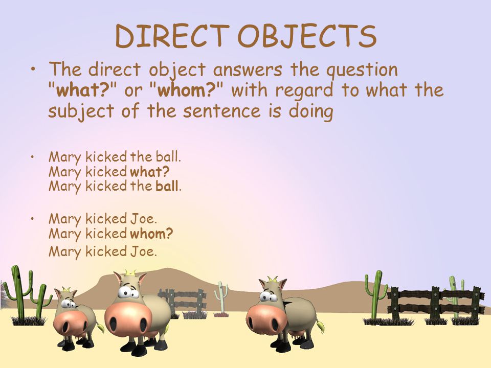 DIRECT OBJECTS The direct object answers the question what or whom with regard to what the subject of the sentence is doing Mary kicked the ball.