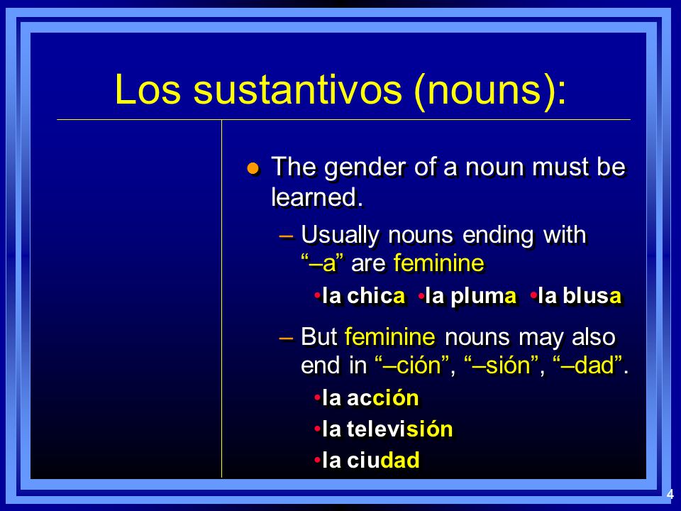 3 Los sustantivos (nouns): l The gender of a noun must be learned.