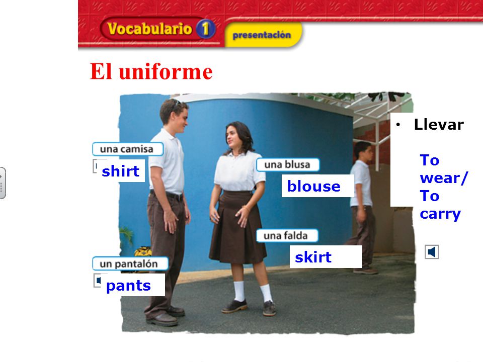El uniforme Llevar To wear/ To carry shirt pants blouse skirt