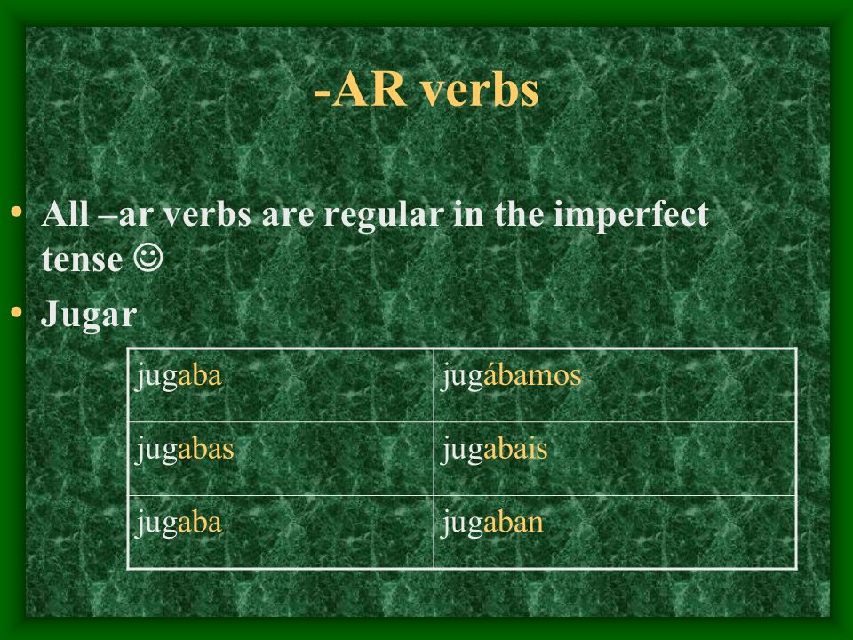 -AR verbs All –ar verbs are regular in the imperfect tense Jugar jugabajugábamos jugabasjugabais jugabajugaban