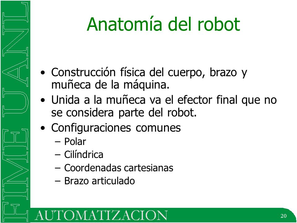 20 Anatomía del robot Construcción física del cuerpo, brazo y muñeca de la máquina.