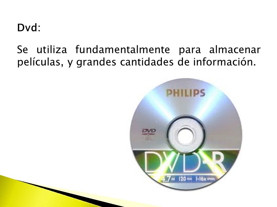 Dvd: Se utiliza fundamentalmente para almacenar películas, y grandes cantidades de información.