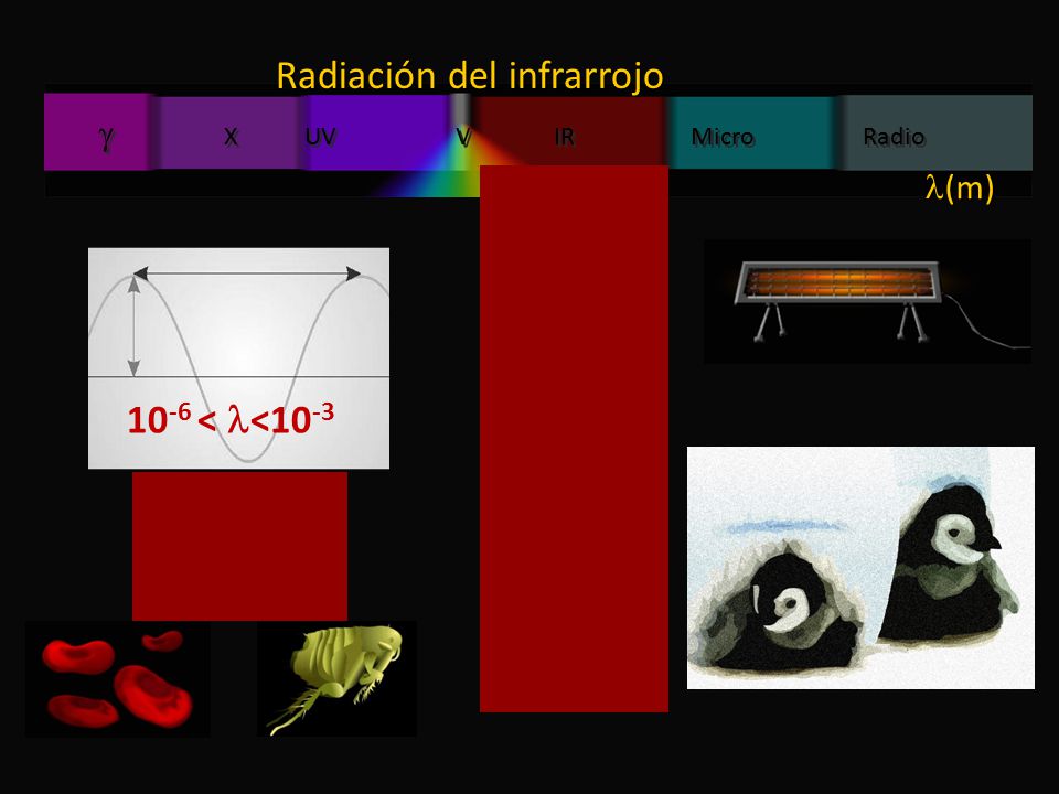 10 -6 < <10 -3  X UV V IR Micro Radio Radiación del infrarrojo (m) (m)
