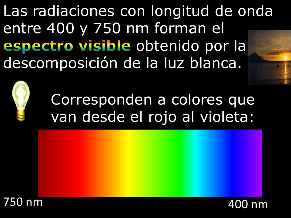 750 nm 400 nm Corresponden a colores que van desde el rojo al violeta: