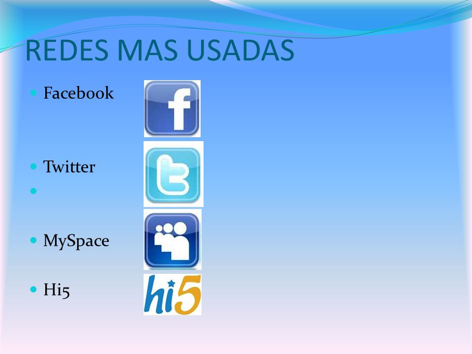 REDES MAS USADAS Facebook Twitter MySpace Hi5