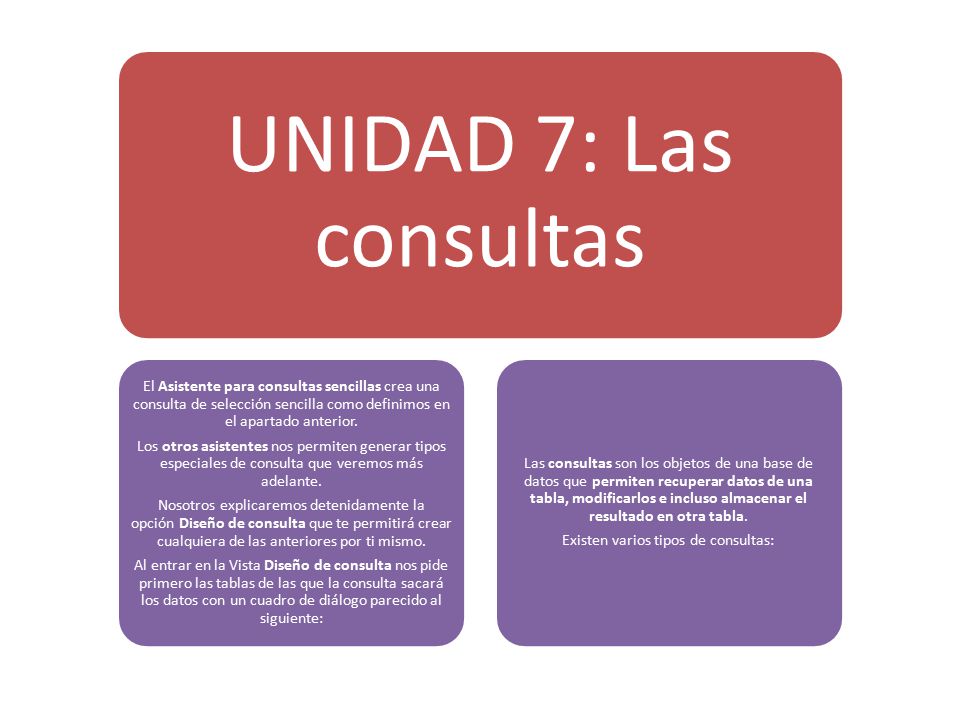 UNIDAD 7: Las consultas El Asistente para consultas sencillas crea una consulta de selección sencilla como definimos en el apartado anterior.