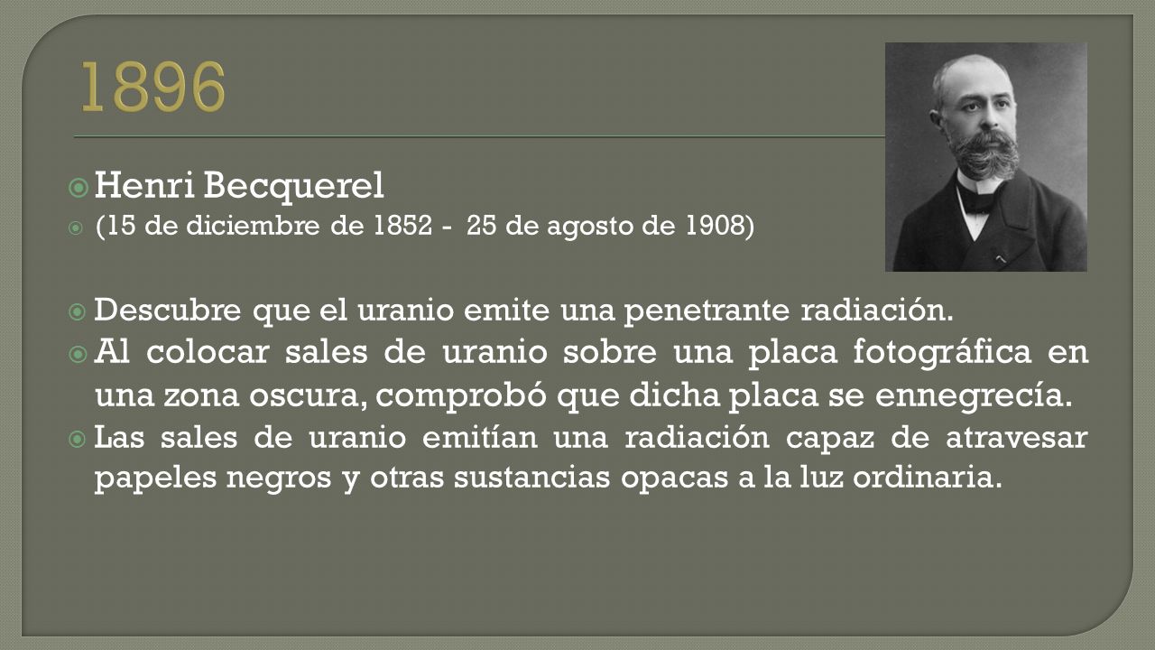  Henri Becquerel  (15 de diciembre de de agosto de 1908)  Descubre que el uranio emite una penetrante radiación.