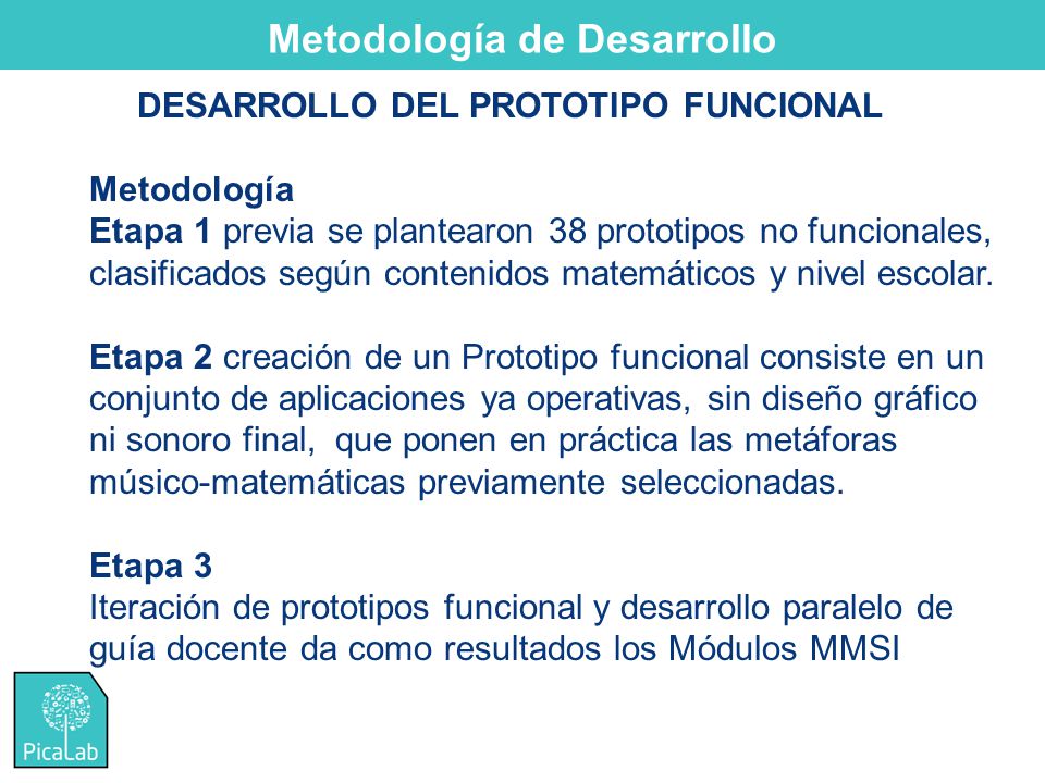 Metodología de Desarrollo DESARROLLO DEL PROTOTIPO FUNCIONAL Metodología Etapa 1 previa se plantearon 38 prototipos no funcionales, clasificados según contenidos matemáticos y nivel escolar.