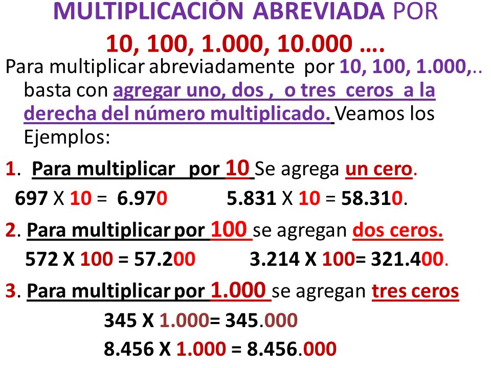 Resultado de imagen de Multiplicar un número decimal por 10, 100 ó 1000