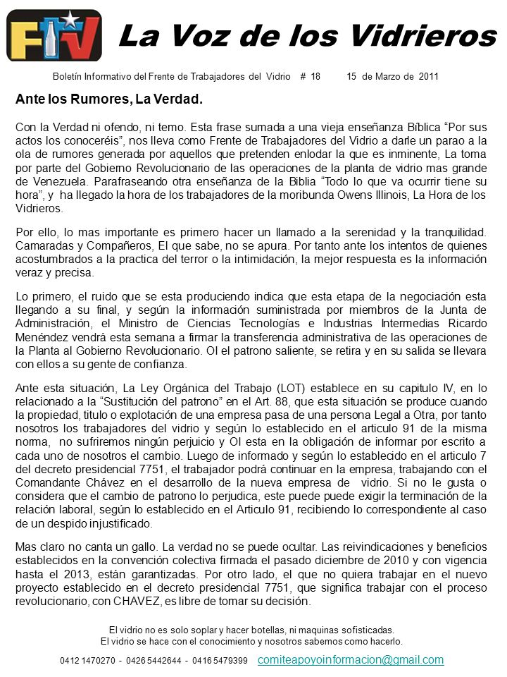 La Voz De Los Vidrieros Ante Los Rumores La Verdad Con La Verdad Ni