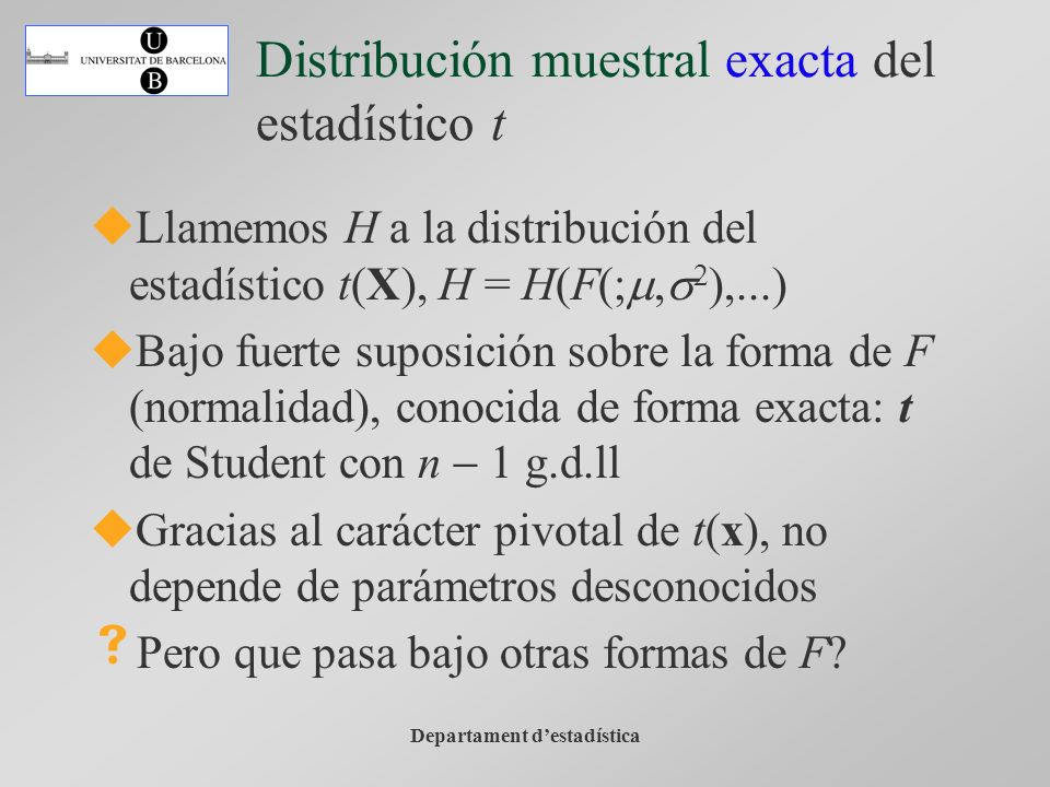 Departament destadística Distribución muestral exacta del estadístico t Llamemos H a la distribución del estadístico t(X), H = H(F(;m,s 2 ),...) Bajo fuerte suposición sobre la forma de F (normalidad), conocida de forma exacta: t de Student con n - 1 g.d.ll Gracias al carácter pivotal de t(x), no depende de parámetros desconocidos Pero que pasa bajo otras formas de F