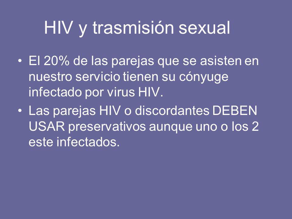 HIV y trasmisión sexual El 20% de las parejas que se asisten en nuestro servicio tienen su cónyuge infectado por virus HIV.