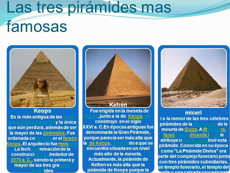 Piramides+Egipcias Las tres pirámides mas famosas Keops Es la más antigua de las Siete ...